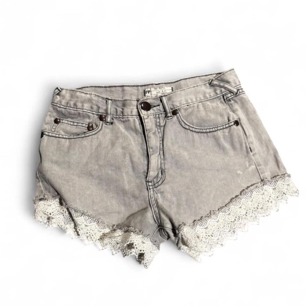 Free People Gray Jean Shorts with Lace Trim